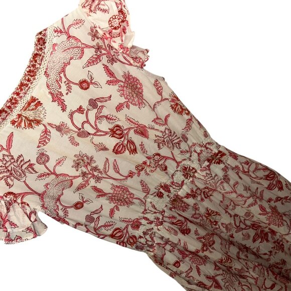 nibi-mtk red white toile floral print flutter sleeve Bohemian Beach Dress XS - Picture 4 of 6